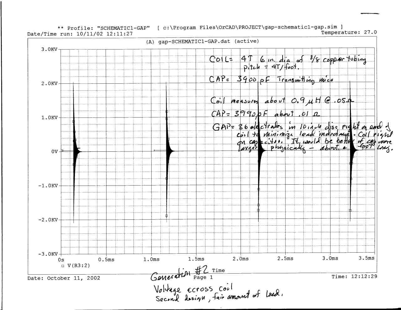 Graph of damped waves produced by Joe Ennis’s model 2 1633 transmitter